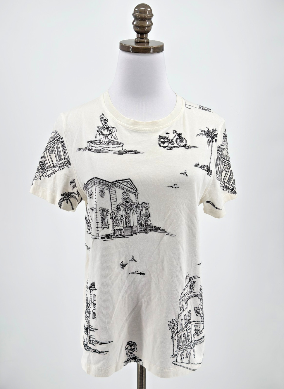Maje Toulouse Ivory Parisian Embroidered Sketch Short Sleeve T Shirt Sz 2
